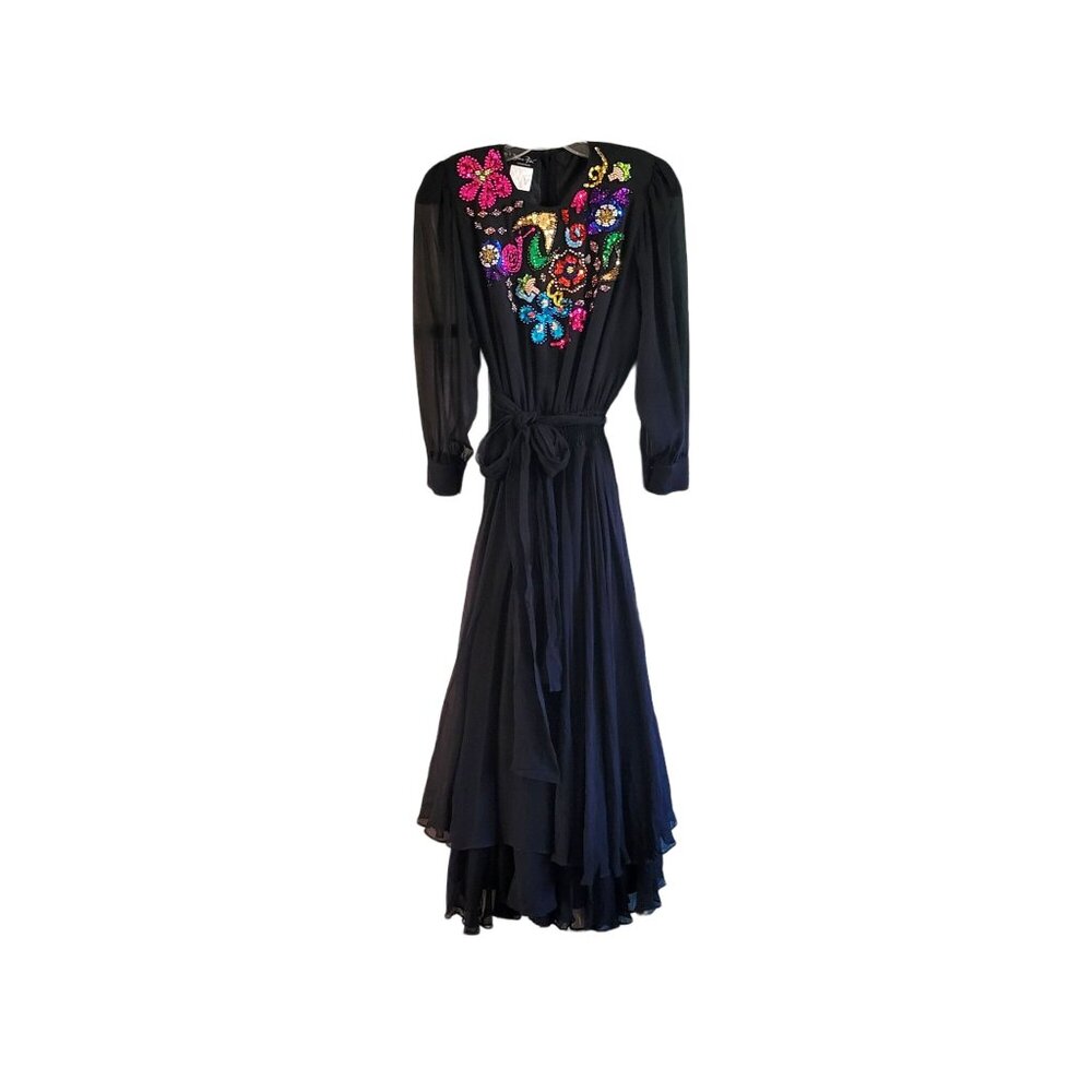 Vintage Diane Freis Original Black Silk Dress With Colorful Beaded Floral Design - Picture 7 of 7